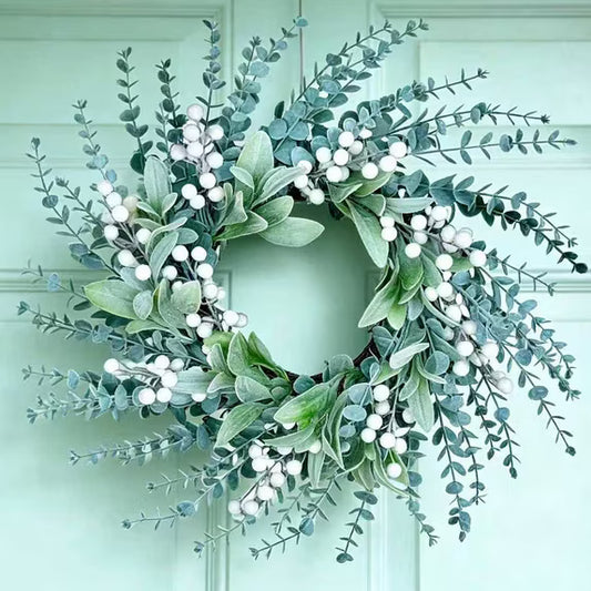 Winter Wreath Artificial Greenery 20 inches Door Wreath with White Berries Flocked Lambs Ear Wreath for Front Door Spring Wreaths Farmhouse Wall Home Decor