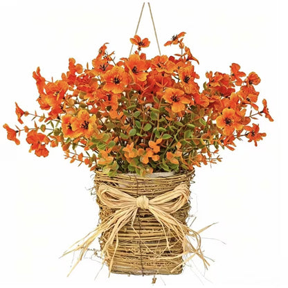 Myecovie Fall Basket Fall Wreath Basket for Front Door, Artificial Fall Hanging Basket with Orange Autumn Flowers & Eucalyptus, Rustic Woven Basket for Front Door Porch Thanksgiving