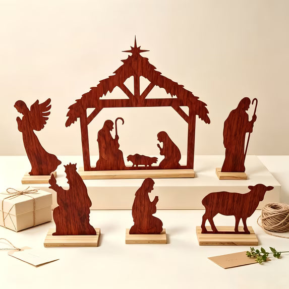 Christmas Nativity Scene Tabletop Set Christmas Decoration Indoor Set of 5 Tabletop Decor for Christmas, Metal Christmas Nativity Figurines with Wood Base for Home
