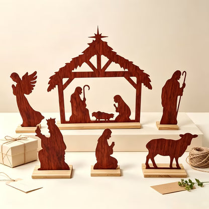 Christmas Nativity Scene Tabletop Set Christmas Decoration Indoor Set of 5 Tabletop Decor for Christmas, Metal Christmas Nativity Figurines with Wood Base for Home