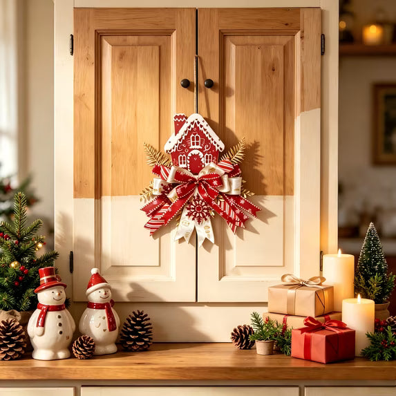 Christmas Door Sign Wall Hanging Decor Red White Farmhouse Plaque with Multi-Layer Bow & Snowflake, Gingerbread Wood Hanger for Home Indoor Decor for Christmas