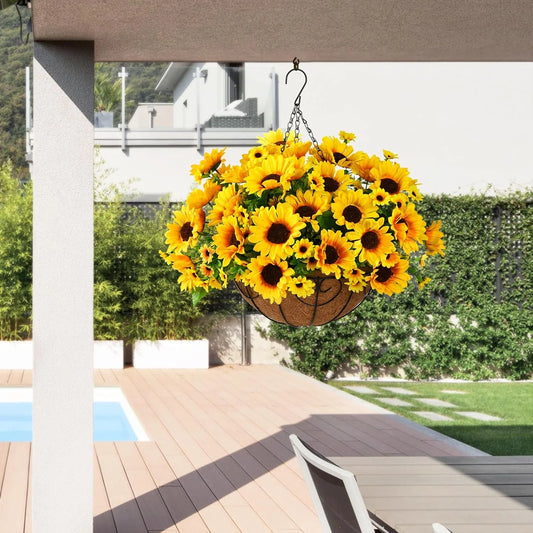Farship Artificial Sunflowers Basket Fake Hanging Flowers Plants Baskets for Outdoor Spring Summer Decoration, Faux Silk Flowers Look Real UV Resistant for Porch Patio Garden