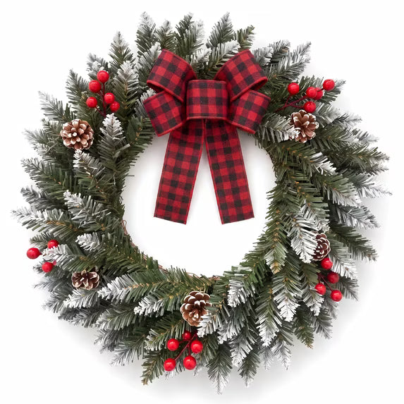 Myecovie Flocked Christmas Wreath 21.6 Inch Xmas Wreaths for Front Door with Red Black Buffalo Plaid Bow, Artificial Winter Wreath with Pine Cones & Red Berries for Wall, Window Decor