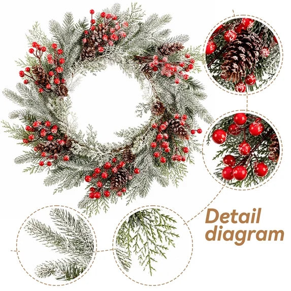 Myecovie 22 Inch Christmas Wreath for Front Door, Frosted Norfolk Pine Wreath with Red Berries & Pine Cones, Winter Wreaths for Wall, Bedroom, Back Door Holiday Decor