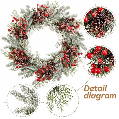 Myecovie 22 Inch Christmas Wreath for Front Door, Frosted Norfolk Pine Wreath with Red Berries & Pine Cones, Winter Wreaths for Wall, Bedroom, Back Door Holiday Decor