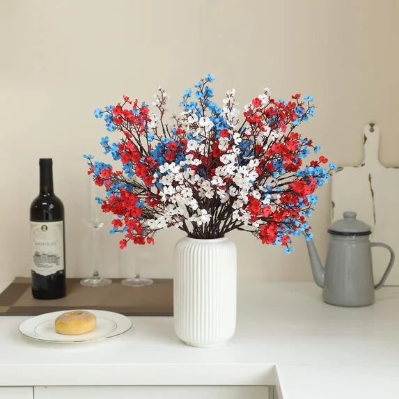 Set of 10 Patriotic Flowers Memorial Day Decoration for Indoor Plum Blossom Fake Silk Patriotic Flowers for Independence Day-Without Vase