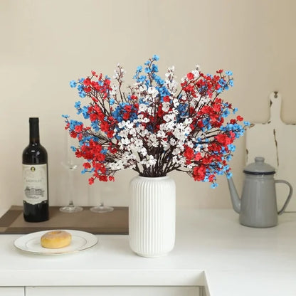 Set of 10 Patriotic Flowers Memorial Day Decoration for Indoor Plum Blossom Fake Silk Patriotic Flowers for Independence Day-Without Vase