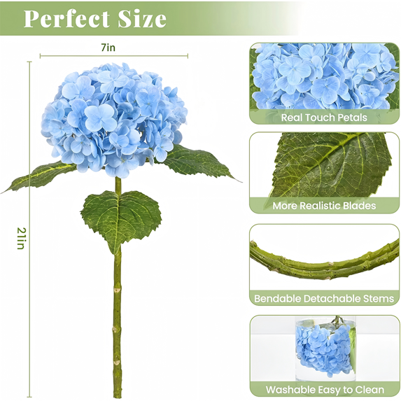 Artificial Hydrangeas, Set of 3 Real Touch Stems, 20-Inch Artificial Flowers with 7" Large Flower Heads for Home Decor in White, Green and Blue