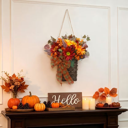 Myecovie Fall Hanging Basket Wreath with Sunflowers-16 inches Fall Wreath Basket Fall Decor for for Front Door, Thanksgiving Harvest Wall Decor