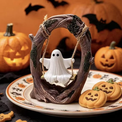 Myecovie Halloween Ghost Swing Figurine Halloween Tabletop Decorations Centerpiece Cute Resin Ghost on Tree Swing Statue Halloween Decor for Tabletop, Desk, Shelf, and Gift