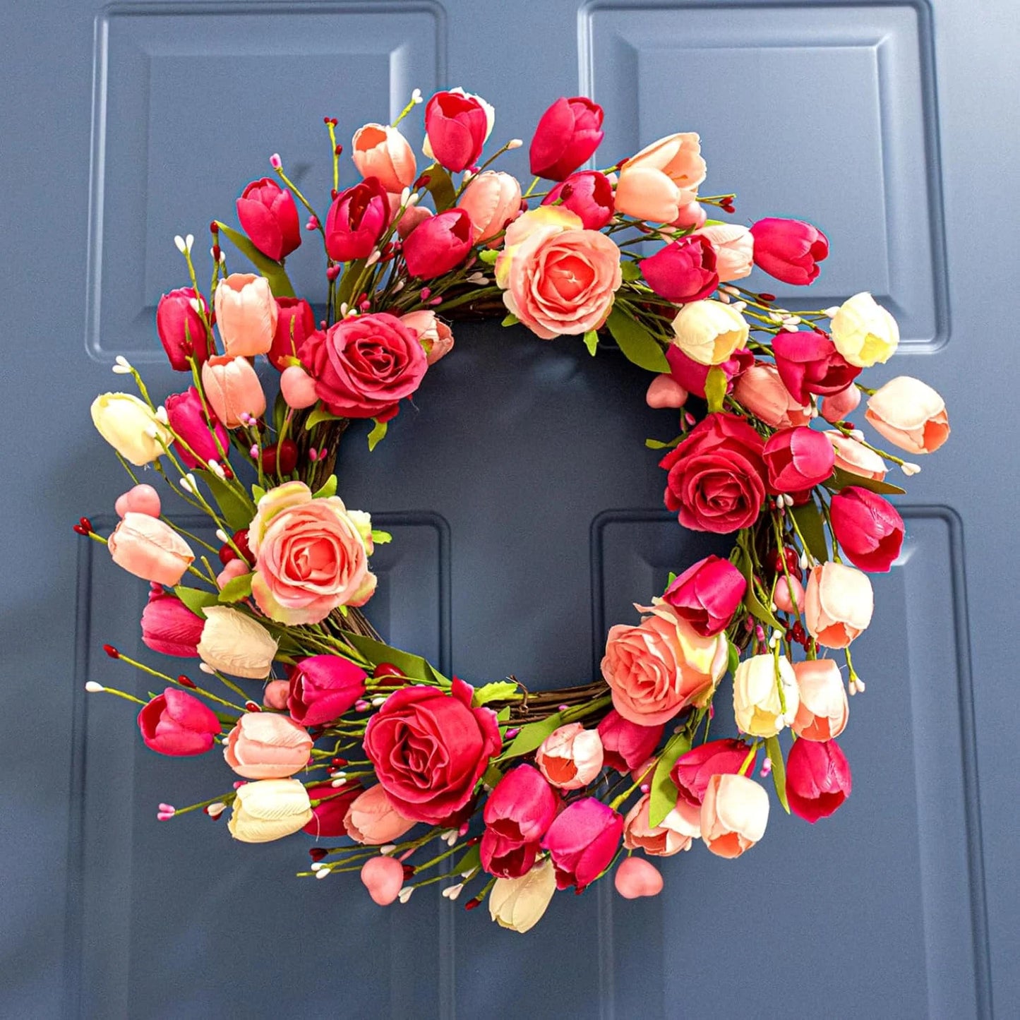Valentine's Day Wreath 19 Inches Spring Wreaths for Front Door Farship Valentines Door Wreath Valentines Floral Wreaths with Rose Tulips Flowers for Wall Window Decor