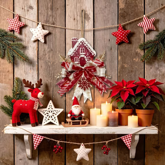 Christmas Door Sign Wall Hanging Decor Red White Farmhouse Plaque with Multi-Layer Bow & Snowflake, Gingerbread Wood Hanger for Home Indoor Decor for Christmas