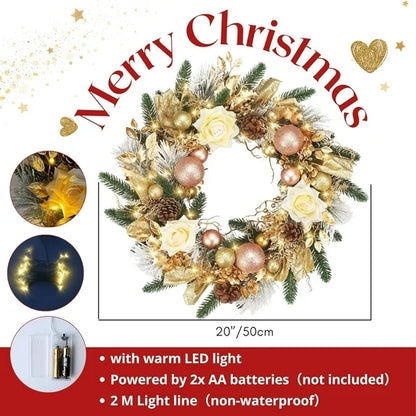 Farship 20'' Christmas Wreaths for Front Door Gold Door Wreath with Light and Ball Ornaments, Christmas Winter Hanging Home Decoration