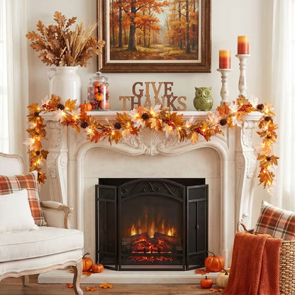 Myecovie 6ft Lighted Fall Garland Thanksgiving Decoration Fall Pre-Lit Garland for Front Door-Harvest Garland with Pinecones & Berries for Staircase, Fireplace Door, Home Decor (Batteries Not Included)