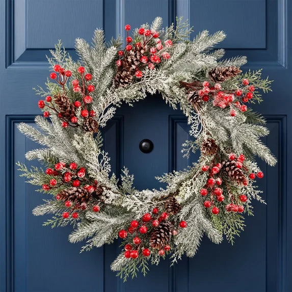 Myecovie 22 Inch Christmas Wreath for Front Door, Frosted Norfolk Pine Wreath with Red Berries & Pine Cones, Winter Wreaths for Wall, Bedroom, Back Door Holiday Decor