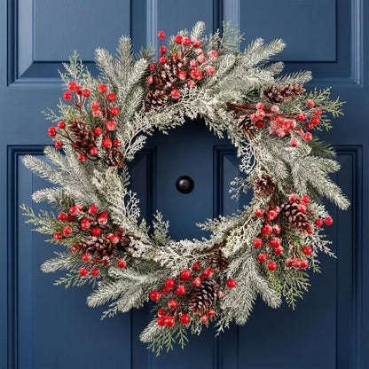 Myecovie 22 Inch Christmas Wreath for Front Door, Frosted Norfolk Pine Wreath with Red Berries & Pine Cones, Winter Wreaths for Wall, Bedroom, Back Door Holiday Decor