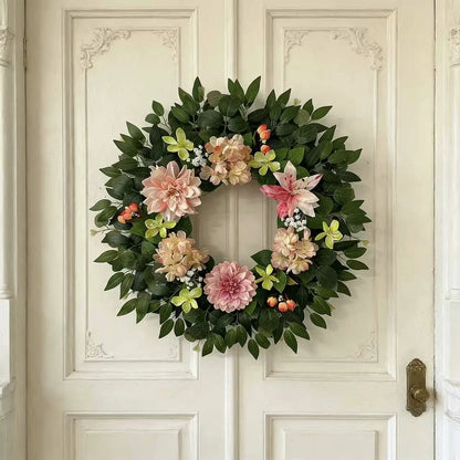 Spring Wreaths for Front Door Dahlia 22" Door Wreath with Lily and Mini Hydrangea, Green Artificial Wreath for Home Indoor Windows Hanging Decoration