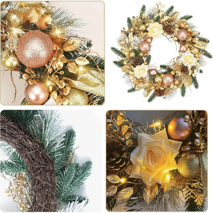 Farship 20'' Christmas Wreaths for Front Door Gold Door Wreath with Light and Ball Ornaments, Christmas Winter Hanging Home Decoration