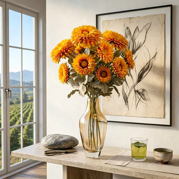 3 Pcs Artificial Sunflower Flowers, 28" Long Stem Silk Fake Sunflower Bouquet Decoration for Outdoor, Outdoor, Wedding, Fall Decor (Burnt Orange)