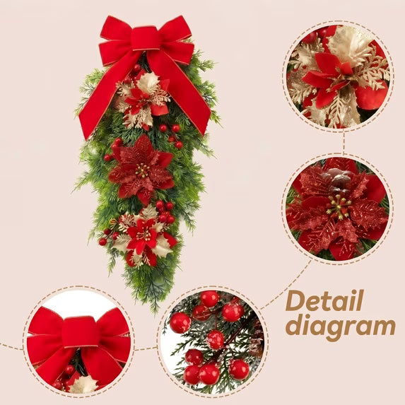Christmas Wreath 24 inches Christmas Swag Wreath with Red Velvet Bow, Poinsettia Flowers & Red Berries, Artificial Green Pine Teardrop Swag Hanging Decor for Front Door, Wall Decoration