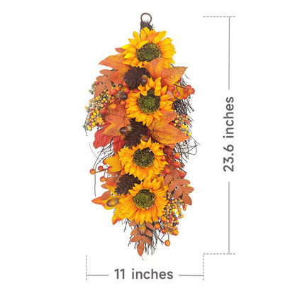 Myecovie Fall Wreath Door Wreath Fall Swag for Thanksgiving Seasonal Wreath for Front Door 22" Length Swag with Maple, Pine and Orange Sunflower